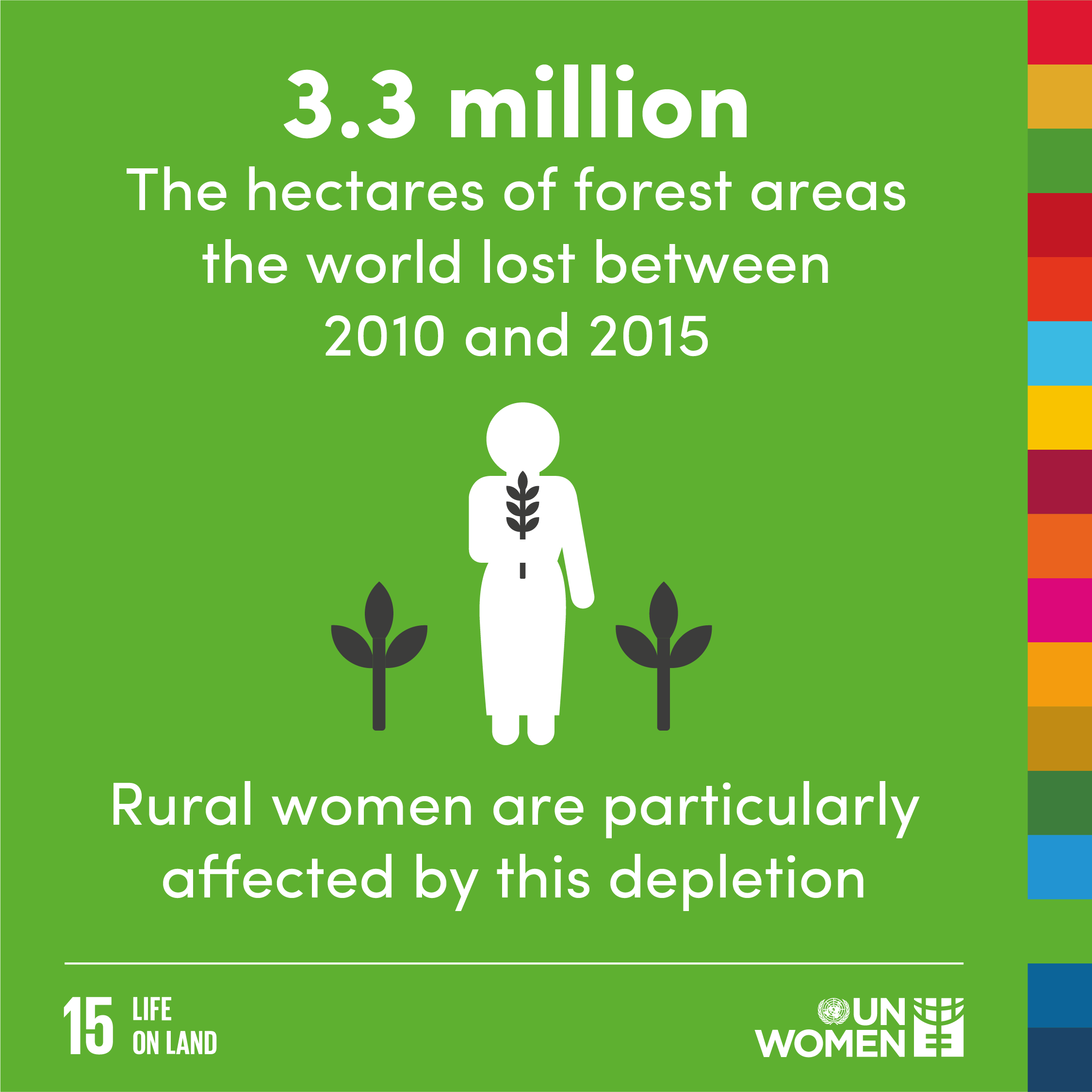 3.3 million. the hectares of forest areas the world lost between 2000 and 2015. rural women are particularly affected by this depletion.