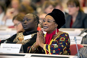 Jacqueline Moudeina, lawyer and human rights advocate, speaks at the conference. Photo credit: EU/Shimera/Alain Rolland