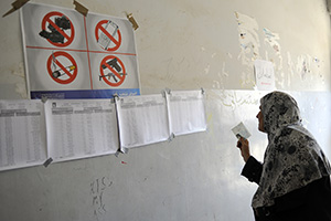 A voter searches for her polling station location during Iraq’s last parliamentary elections, on 7 March, 2010. Photo credit: UN Photo/Rick Bajornas