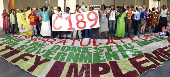 Domestic workers rejoice after the results of a vote on the ILO Convention on Domestic Workers at the 100th Session of the International Labour Conference, in Geneva, on 16 June 2011. Photo credit: International Labour Organization