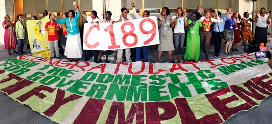 Domestic workers rejoice after the results of a vote on the ILO Convention on Domestic Workers at the 100th Session of the International Labour Conference, in Geneva, on 16 June 2011. Photo credit: International Labour Organization