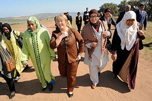 On the last day of her trip to Morocco to commemorate International Women’s Day, UN Women Executive Director Michelle Bachelet, met with rural women of the Soulalyates ethnic group, who have been striving for inheritance and property rights. Photo: UN Women/Karim Selmaoui