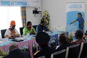 Arlette Mvondo, National Programme Officer UN Women, joins Justine Diffo, National Coordinator of the NGO More Women in Politics, and Paul Ngounou, journalist for Cameroon Radio Television (CTRV), in a panel discussion with traditional and religious leaders, UN system partners and representatives of the Cameroon's political parties in September 2013. Left to right: Justine Diffo, National Coordinator of the NGO More Women in Politics; Arlette Mvondo, National Programme Officer UN Women; and Paul Ngounou, journalist for Cameroon Radio Television (CTRV). Photo: UN Women