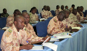 A row of Republican Guards take part in a training session at the International Conference Centre in Bamako on 29 January, 2013