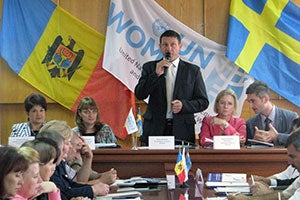 At the opening of the Joint Information and Services Bureaus in Drochia on September 3, 2013. Pictured from left to right: Moldova's Minister of Labour, Social Protection and Family Valentina Buliga, UN Women Programme Manager Natia Cherkezishvili, District President Andrei Marian, Sweden's Ambassador to Moldova Ingrid Tersman , UN Women Programme Analyst Corneliu Eftodi. Photo: UN Women/Tatiana Sincovschi