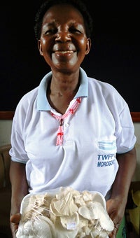 Salome Nyoni, a member of the TWIFPT, says that prior to training, one kilogram of mushrooms sold for 4000 TSH (US $2.50). They now go for 6000 TSH (US $3.70). Photo credit: UN Women, Laura Beke.