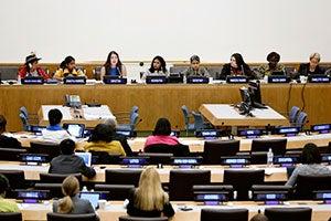 During a panel to give voice to civil society organizations, 17-year-old Christina, of the Working Group on Girls NGO, discusses what the Millennium Development Goals mean to her, with other women and girls. The panel took place on the second day of a UN Women Stakeholders’ Forum in preparation for CSW58. Photo: UN Photo/Ryan Brown