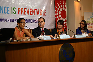 From left: Roberta Clarke, Regional Director of UN Women Asia-Pacific; James Lang, Programme Coordinator of Partners for Prevention; Rachel Jewkes, Lead Technical Advisor on the paper; Dr. Emma Fulu, Research Specialist, Partners for Prevention at the launch of the report “Why Do Some Men Use Violence Against Women and How We can Prevent it” at the Foreign Correspondents’ Club of Thailand, 10 September 2013.
