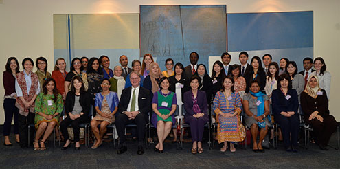 Government representatives who took part in the Asia-Pacific Regional Preparatory meetings for CSW58 in Bangkok, pose for a photo op on 12 February. UN Women Bangkok/Montira Narkvichien