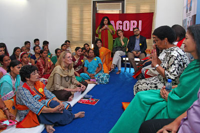 On the first day of her visit to India, Executive Director Phumzile Mlambo-Ngcuka participates in an interactive discussion with women, girls and boys about the Delhi Safe City Programme hosted by UN Women’s NGO partner Jagori. (Photo: UN Women/Gaganjit Singh.)