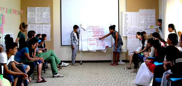 Students take part in an exercise on gender roles and stereotypes. Photo: UN Women/Umutai Dauletova