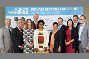 The launch of UN Women's Private Sector Leadership Advisory Council, held at United Nations Headquarters in New York on 2 June 2014.  From left to right, first row:  Mr. Christopher Graves, Global CEO of Ogilvy Public Relations; Mr. Michael Goltzman, Vice-President of International Government Relations & Public Affairs, The Coca-Cola Company; Ms. Marcela Manubens, Global Vice-President for Social Impact, Unilever; Phumzile Mlambo-Ngcuka, Executive Director, UN Women;  Ms. Khanyisile Kweyama, Executive Director & CEO, Anglo American South Africa; Ms. Dina Habib Powell, President, Goldman Sachs Foundation and Global Head of Corporate Engagement; Mr. Andrew Bruce, North America CEO, Publicis. Second row: Ms. Sarah François-Poncet, Chief Legal Council & Secretary General, Chanel Foundation; Mr. Dominic Barton, Managing Director, CEO, McKinsey & Company; Mr. Emmanuel Lulin, Senior VP & Chief Ethics Officer, L’Oréal; and Mr. Rick Goings, Chairman & CEO, Tupperware Brands Corporation.  Photo: UN Women/Ryan Brown