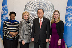 UN Women Executive Director Phumzile Mlambo-Ngcuka, former U.S. Secretary of State Hillary Clinton, UN Secretary-General Ban Ki-moon and Chelsea Clinton pose for a photo op. Photo: UN Photo/Evan Schneider