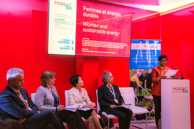At the opening session of Gender Day at the Morocco Pavilion, UN Women Executive Director Phumzile Mlambo-Ngcuka launched the new flagship programme on Sustainable Energy, Entrepreneurship and Access. Photo: UN Women/Kimja Vanderheyden 