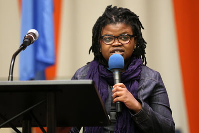 Kwezi Mbandazayo speaking (storyteller)