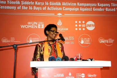 UN Women Executive Director Phumzile Mlambo-Ngcuka spoke at the closing ceremony of the 16 Days of Activism. Photo: UN Women/Haluk Baylan