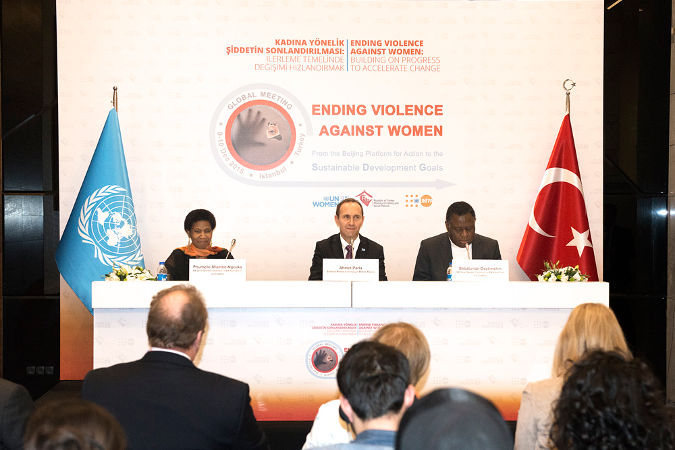 UN Women Executive Director Phumzile Mlambo-Ngcuka spoke at the press conference before the opening of the global meeting on Ending the violence against Women in Istanbul, Turkey. Photo: UN Women/Ventura Formicone