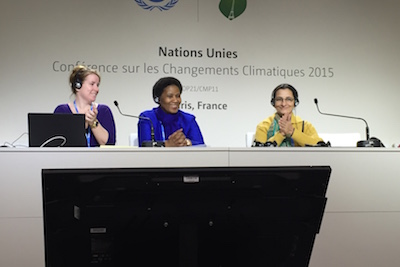 (From left to right) Bridget Burns, Women’s Environment and Development Organization; Phumzile Mlambo-Ngcuka, UN Women Executive Director; and Usha Nair, All India Women’s Conference, take part in the Women’s Caucus at COP 21, on 7 December 2015. Photo: UN Women/Sharon Grobeisen.