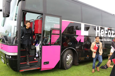 The magenta and black HeForShe bus visits universities in the United Kingdom as part of UN Women’s #GetFree University Tour.