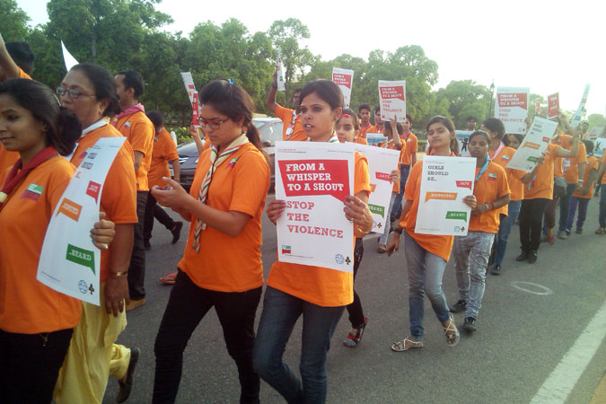 In India, Girl Guides and Boy Scouts learned about violence against women and girls using the Voices against Violence curriculum and organized a “Stop the Violence” march in support of the UNiTE to End Violence against Women Campaign in May, 2015, near India Gate, New Delhi. Photo: Bharat Scouts and Guides