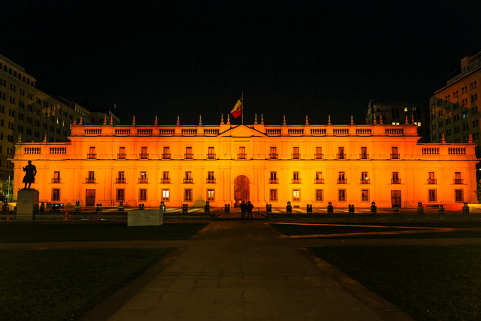 In Santiago, Chile, to mark the International Day to End Violence against Women La Moneda, was lit in orange on 25 November.