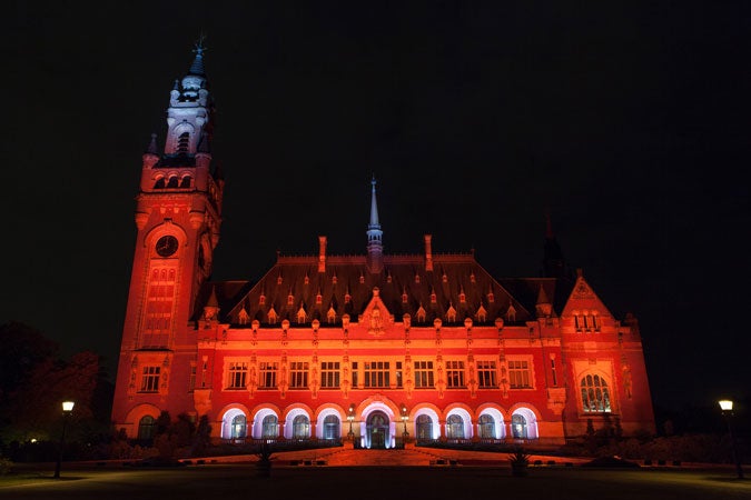 The Peace Palace in The Hague, Netherlands, was lit in orange on 24 October 2015. Photo: Audiovisuele Media/Sjaak de Groot