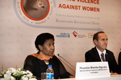 UN Women Executive Director Phumzile Mlambo-Ngcuka spoke at the press conference before the opening of the global meeting on Ending the violnce against Women in Istanbul, Turkey. Photo: UN Women/Ventura Formicone