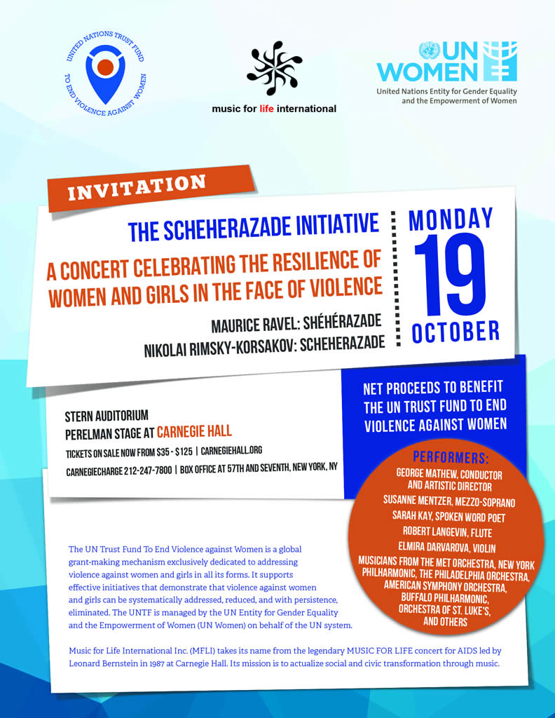 Save the date flyer for UNTF concert in Carnegie Hall, 19 October 2015
