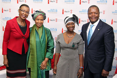 Posing after the breakfast event on 5 June, (from left to right): Susan Mboya, President of The Coca-Cola Africa Foundation; Phumzile Mlambo-Ngcuka, Executive Director of UN Women; Noko Maganye, a participant in UN Women’s Empowerment of Women Entrepreneurs programme, funded by The Coca-Cola Company’s “5by20” initiative; and Nathan Kalumbu, President of Coca-Cola Eurasia and Africa. Photo courtesy of the Coca-Cola Company