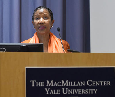 UN Women Executive Director Phumzile Mlambo Ngcuka speaks at Yale University on 6 November. UN Women/Daniel Schatz