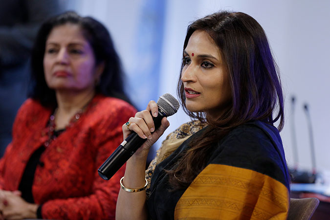 Aishwaryaa Dhanush participates in a dialogue on gender equality at UN Women Headquarters. Photo: UN Women/Ryan Brown