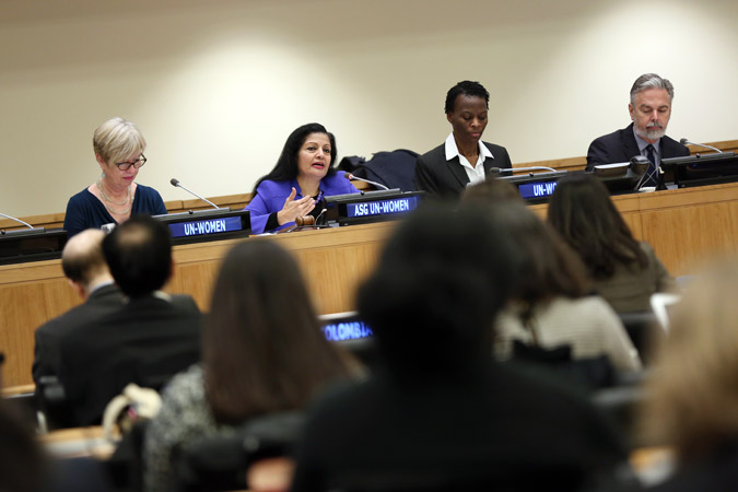 UN Women Deputy Executive Director Lakshmi Puri addresses the opening session of the CSW60 Multi-Stakeholder Forum, held at UN Headquarters on 20 January 2016. 