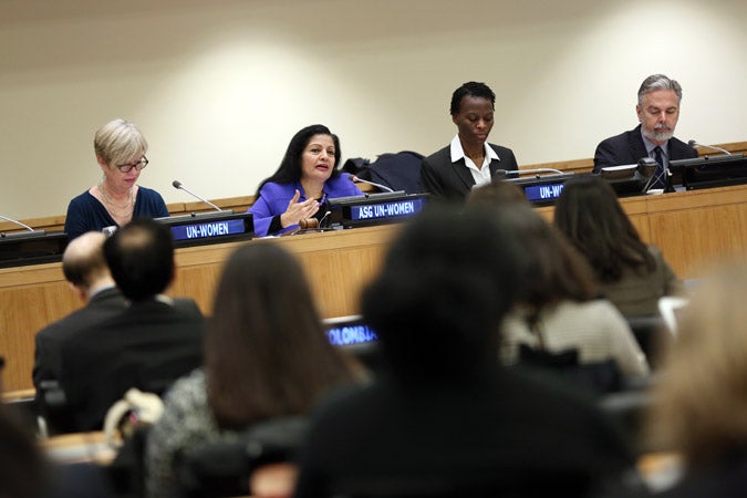 UN Women Deputy Executive Director Lakshmi Puri addresses the opening session of the CSW60 Multi-Stakeholder Forum, held at UN Headquarters on 20 January 2016.
