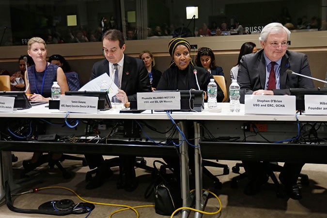 UN Women Executive Director Phumzile Mlambo-Ngcuka addresses the CSW60 World Humanitarian Summit side event. Photo: UN Women/Ryan Brown