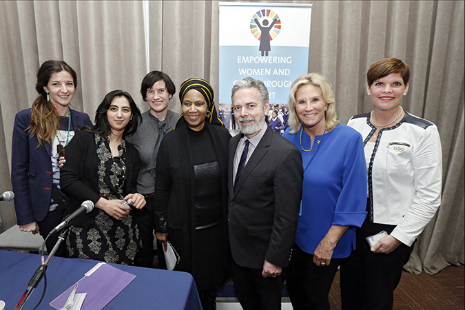 Panellists at the "Advancing Gender Equality through Sports: 2030 Agenda—the contribution of sport to achieve gender equality and end violence against women and girls" event on 18 March in New York. Photo: UN Women/Ryan Brown