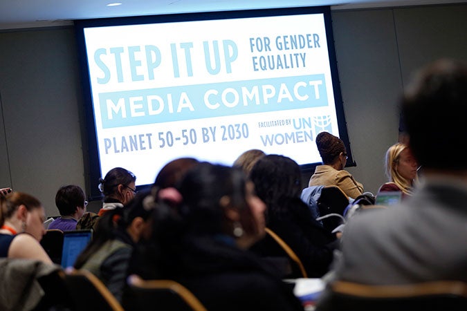 The launch of the Step it Up for Gender Equality Media Compact in New York on 22 March. Photo: UN Women/Ryan Brown