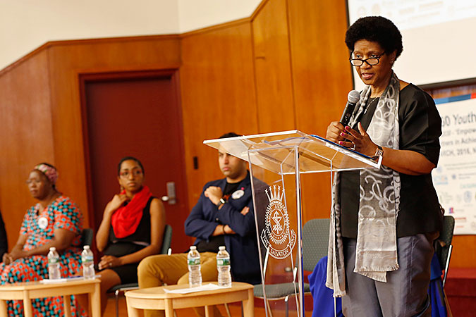 UN Women Executive Director Phumzile Mlambo-Ngcuka delivers opening remarks at the CSW60 Youth Forum on 11 March 2016. Photo: UN Women/Ryan Brown