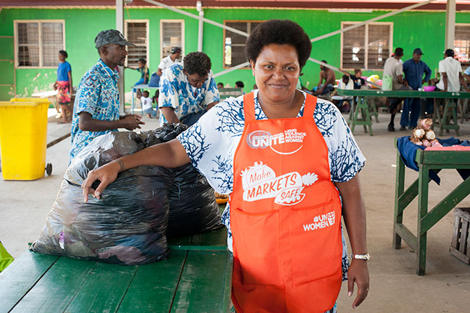 Varanisese Maisamoa, 38, pulled together half of what she had left after the cyclone to donate to her fellow market vendors.   Credit: UN Women/Murray Lloyd
