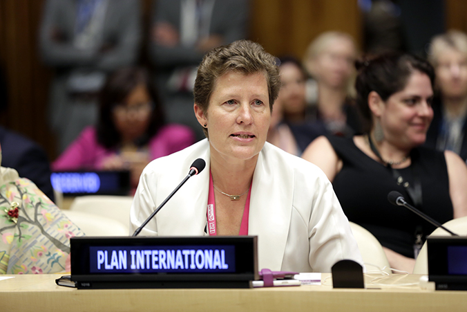 Anne-Birgitte Albrectsen, CEO of Plan International speaks at the launch of the "Making Every Woman and Girl Count" initiative. Photo: UN Women/Ryan Brown