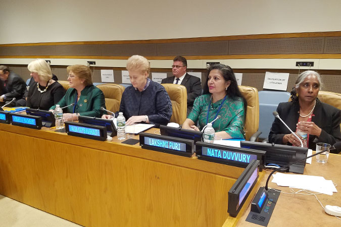 UN Women Deputy Executive Director Lakshmi Puri at the high-level discussion on the “Economic Cost of Violence against Women”. Photo: UN Women