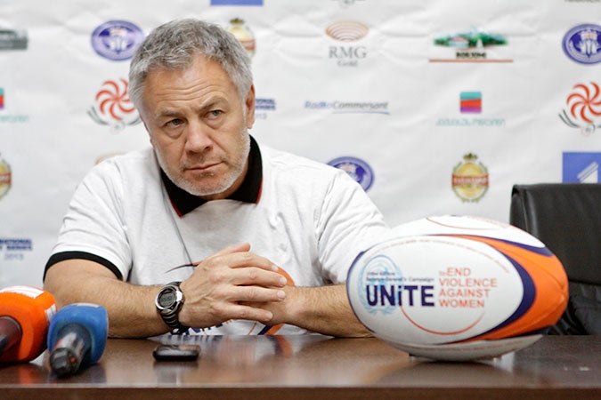 Milton Haig, Chief Coach of the Lelos wearing a UNiTE branded t-shirt form the Georgia-Russia pre-match press conference (November 2012) Photo: UN Women/Maka Gogaladze