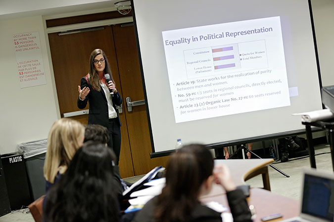 A student from University of Chicago Law School made a presentation on the Global Gender Equality Constitutional Database on 6 May. Photo: UN Women/Ryan Brown