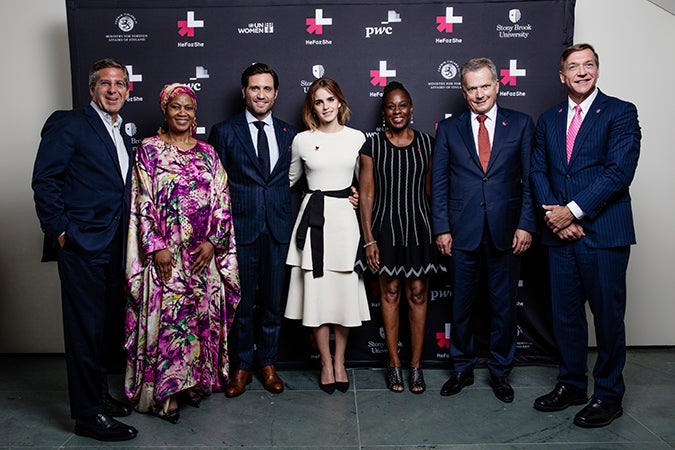 Chairman of PricewaterhouseCoopers International Limited Bob Moritz, Under Secretary-General and UN Women Executive Director Phumzile Mlambo-Ngcuka, Actor Edgar Ramirez, Actor and UN Women Global Goodwill Ambassador Emma Watson, First Lady of New York City Chirlane McCray, President of Finland Sauli Niinistö and Stony Brook University President Samuel L. Stanley Jr celebrate the second anniversary of UN Women's HeForShe initiative. Photo: UN Women/Celeste Sloman