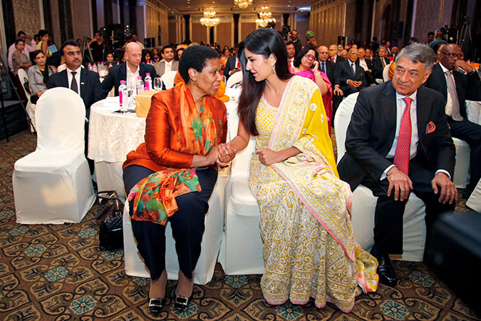 UN Women Executive Director Phumzile Mlambo-Ngcuka with Indian film actress Katrina Kaif during the WeUNiTE event in Mumbai. Photo: UN Women/Deepak Malik