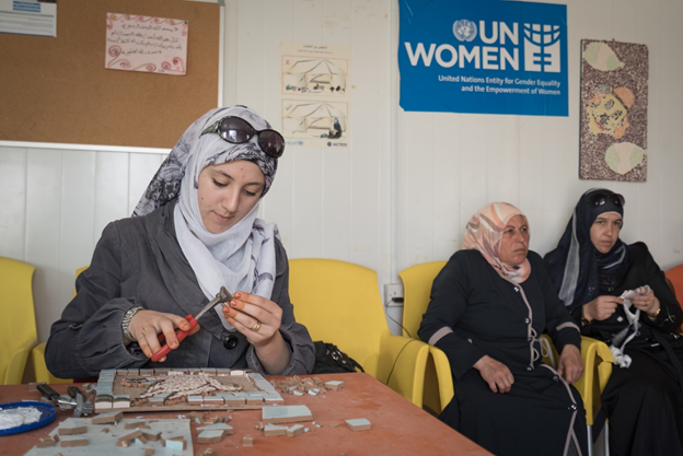 Alaa in a mosaic workshop in UN Women’s women center (Oasis) in Zaatri Refugee Camp. Photo: UN Women/ Christopher Herwig 