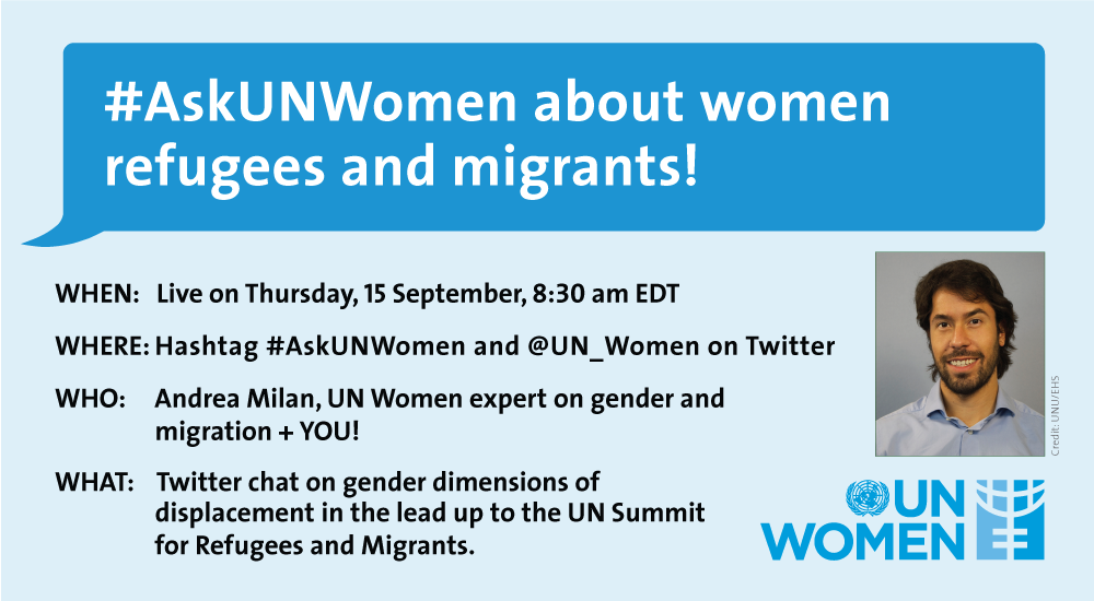 AskUNWomen Twitter chat banner about women refugees and migrants