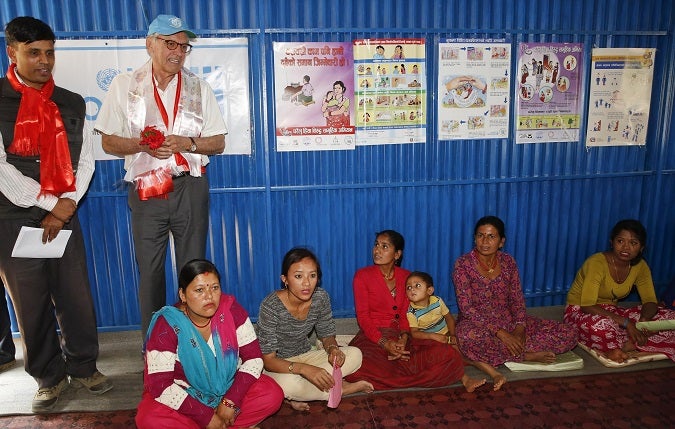 UN Deputy Secretary-General Jan Eliasson at a group psychosocial counselling session in the Chautara multipurpose women's centre in Nepal.