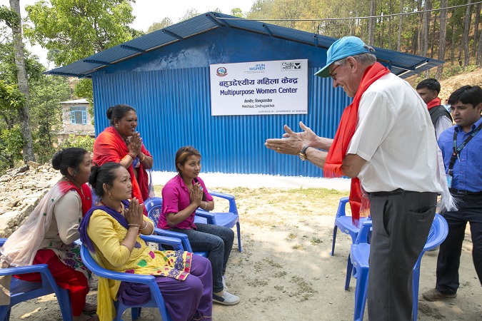 UN Deputy Secretary-General Jan Eliasson meets with beneficiaries of the Chautara multipurpose women's centre in Nepal.