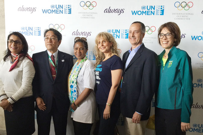 L-R:  Nawal El Moutawakel, Chair of the Coordination Commission for the Games of the XXXI Olympiad - Rio de Janeiro 2016; Kunio Umeda, Ambassador of Japan to Brazil ; Phumzile Mlambo-Ngcuka, UN Women Executive Director; Juliana Azevedo, Vice President of Procter & Gamble; Alan Abrahamson, Columnist, 3 Wire Sports and NBCOlympics.com ; Adriana Behar, Brazil Olympic Committee Group with girls. Photo: UN Women/Beatrice Frey