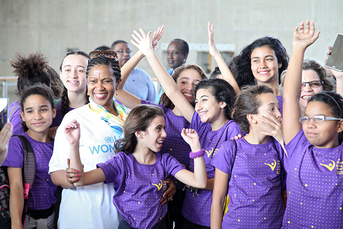 UN Women Executive Director Phumzile Mlambo-Ngcuka meets some of the young participants in the "One Win Leads to Another" programme during a special event in Rio on 6 August 2016. Photo: UN Women/Gustavo Stephan
